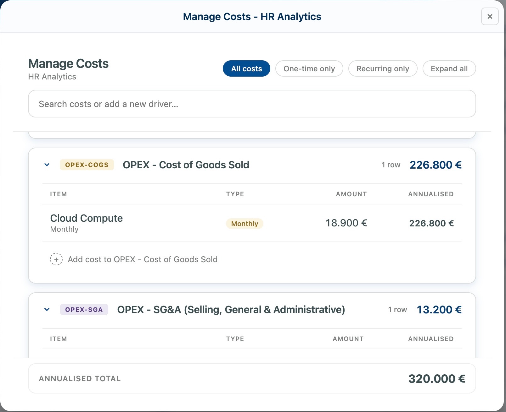 Cost management view with one-time and recurring costs, OPEX cost of goods sold, and SG&A, annualised