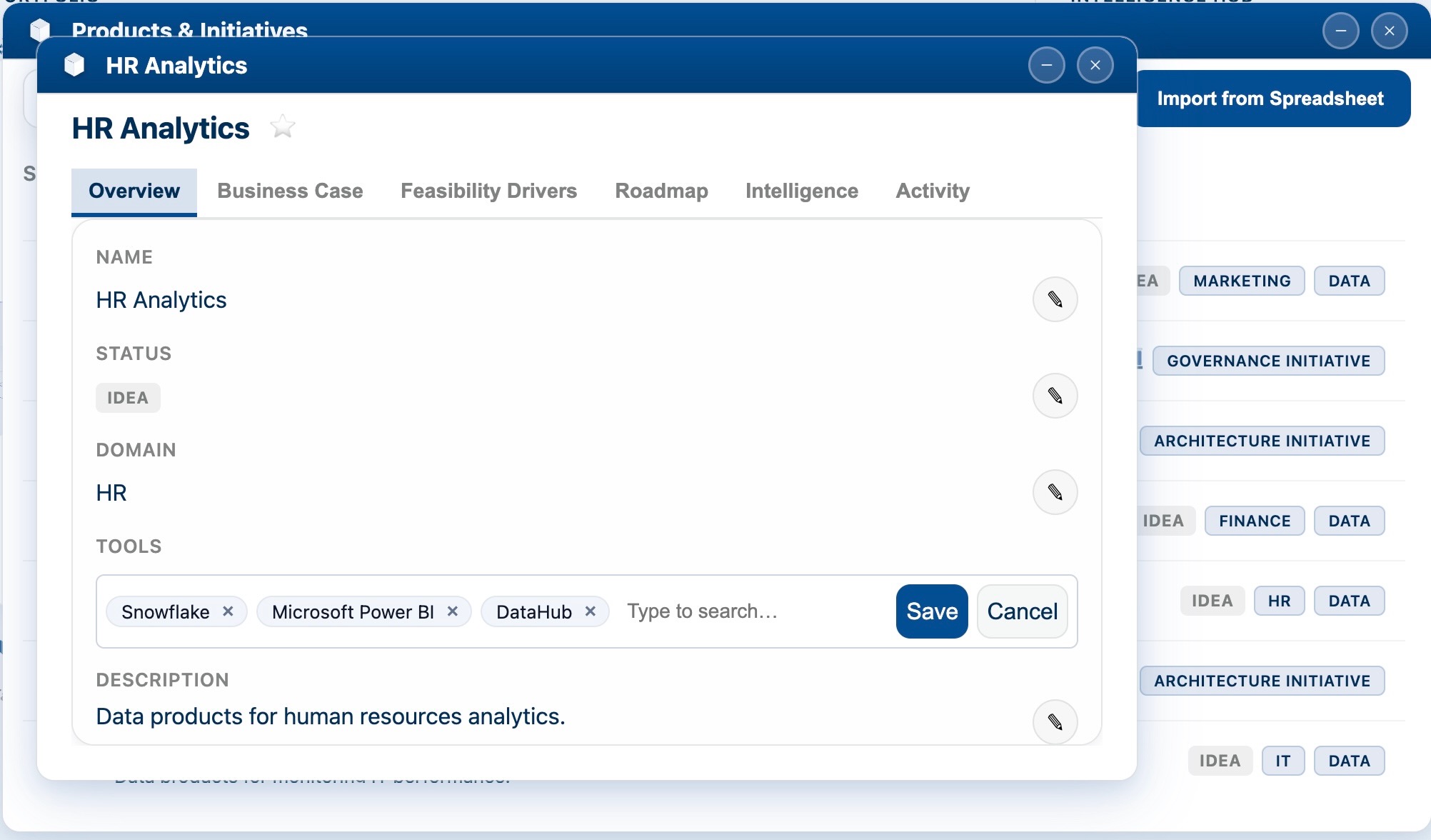 A use case record with overview, business case, feasibility drivers, roadmap, and intelligence tabs